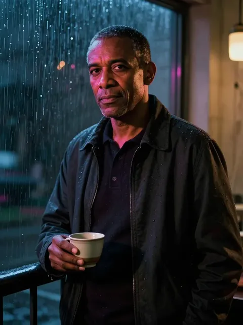 Celestino Amaral at a rain-streaked window, a cup in his hand