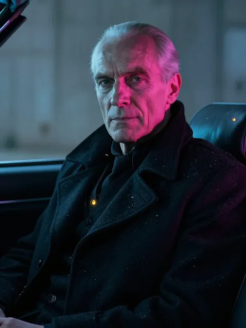 Alden Dorsey, silver hair, seated in the back of a long black car
