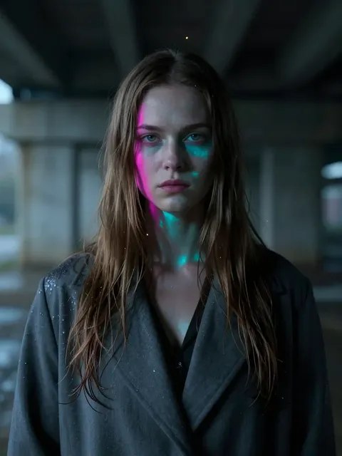 Julia, a woman in a dark coat under the viaduct, cyan and magenta light on wet concrete