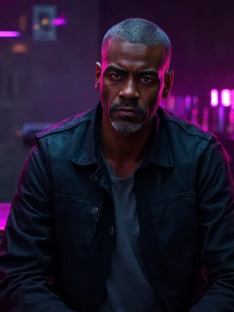 Ines Marrow, grey buzz cut, lit by a magenta bar