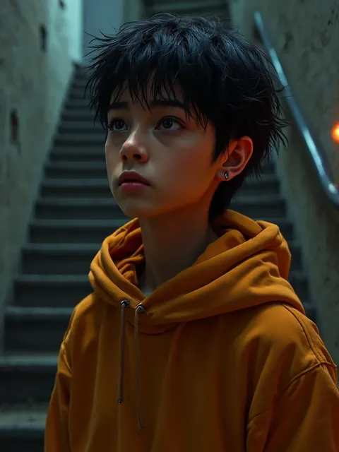 Sefika Demir, a young runner in an orange hoodie on a stairwell