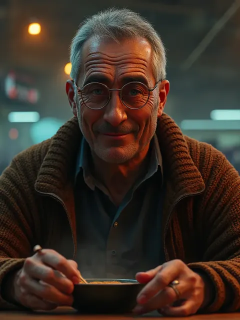 Teodor Vass, an older man in a brown cardigan and round glasses, a bowl of soup in his hands