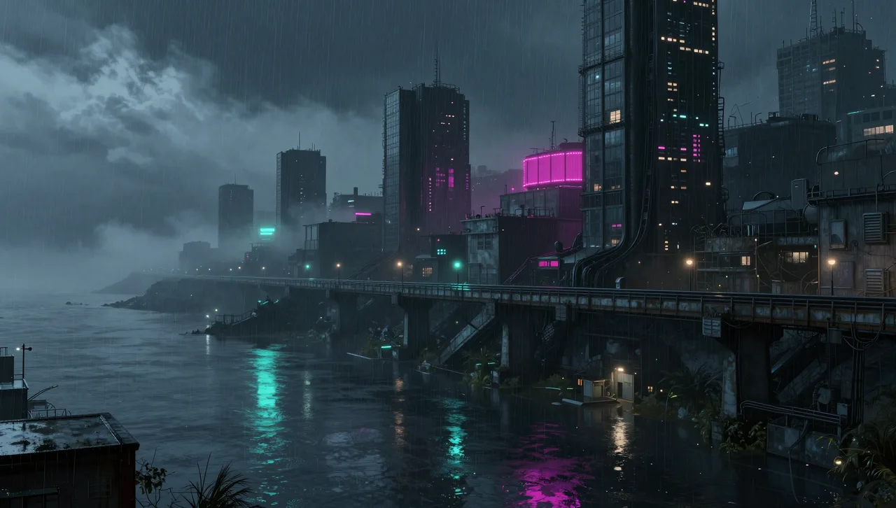 Meridian at night: a rail viaduct over black water, towers above the weather, one magenta light in the mid-levels