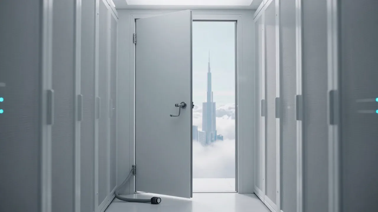 A plain white door standing open on a white corridor, a tower above the clouds beyond it