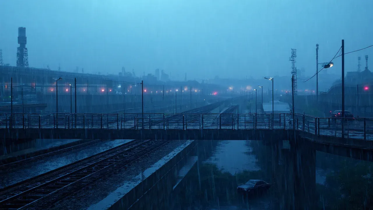 A footbridge over the rail yards in blue rain, a car parked below