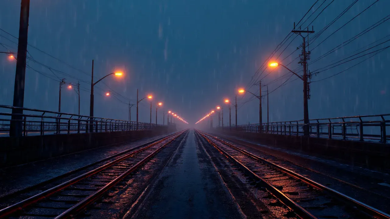 A long row of sodium-amber lamps along an elevated rail line at night, every third lamp dark, wet black tarmac below, thin rain, nobody in frame