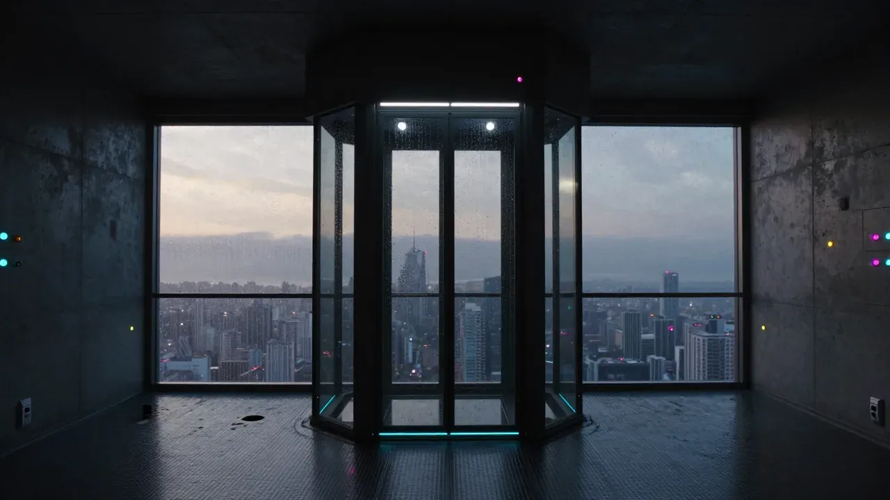 A glass lift in a concrete tower at dusk, the city below