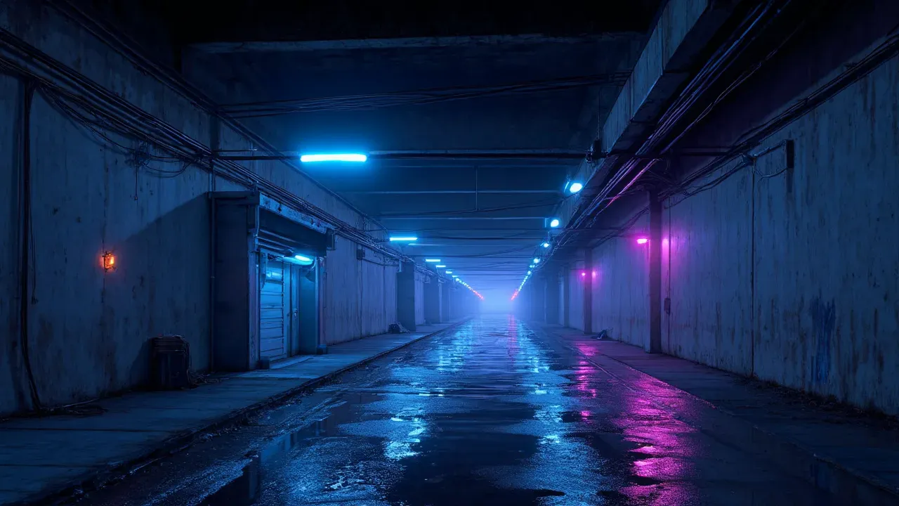 A long concrete passage under the viaduct, wet floor, blue and magenta tube lights