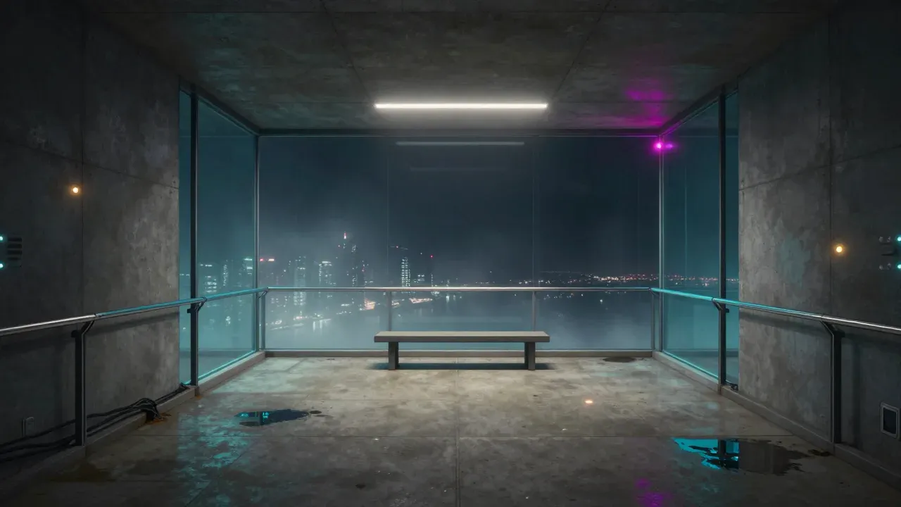 An enclosed glass walkway between two towers at night, one bench, the bay far below